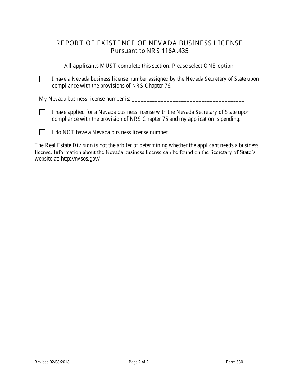 Form 630 Application for the Renewal of a Community Manager - Nevada, Page 2