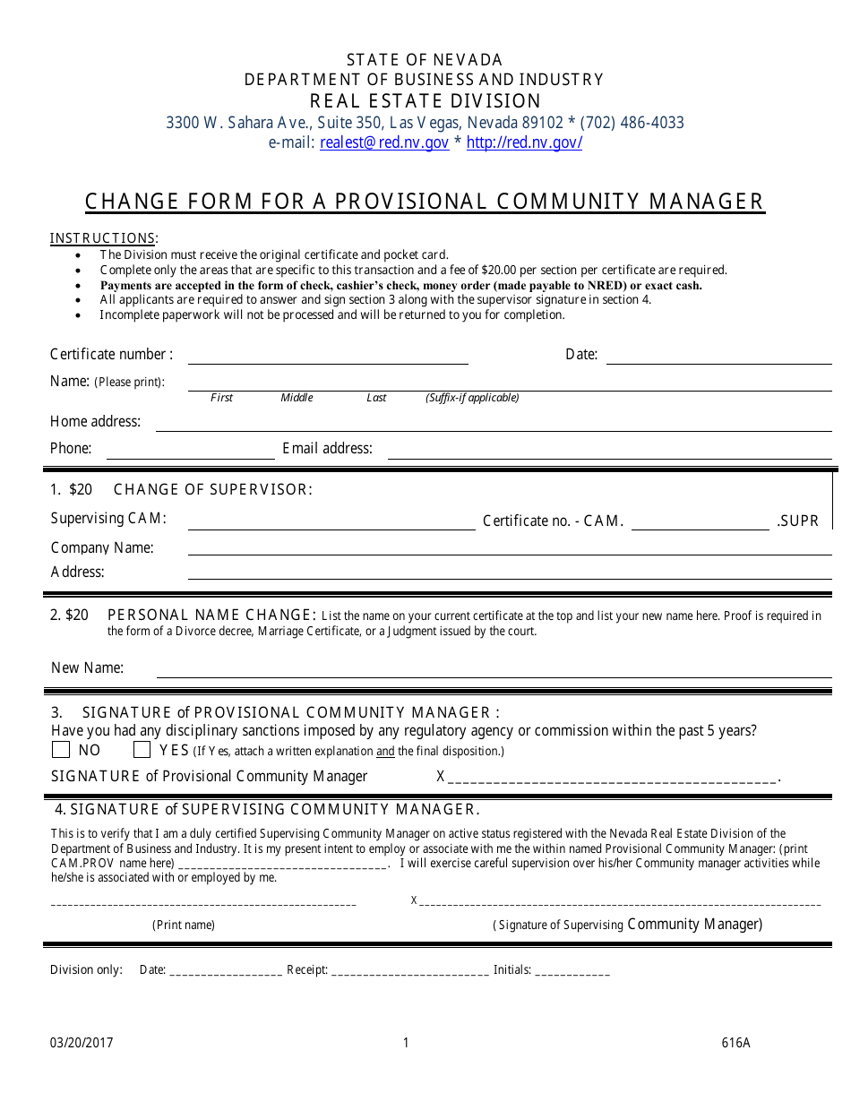 Form 616A Change Form for a Provisional Community Manager - Nevada, Page 1