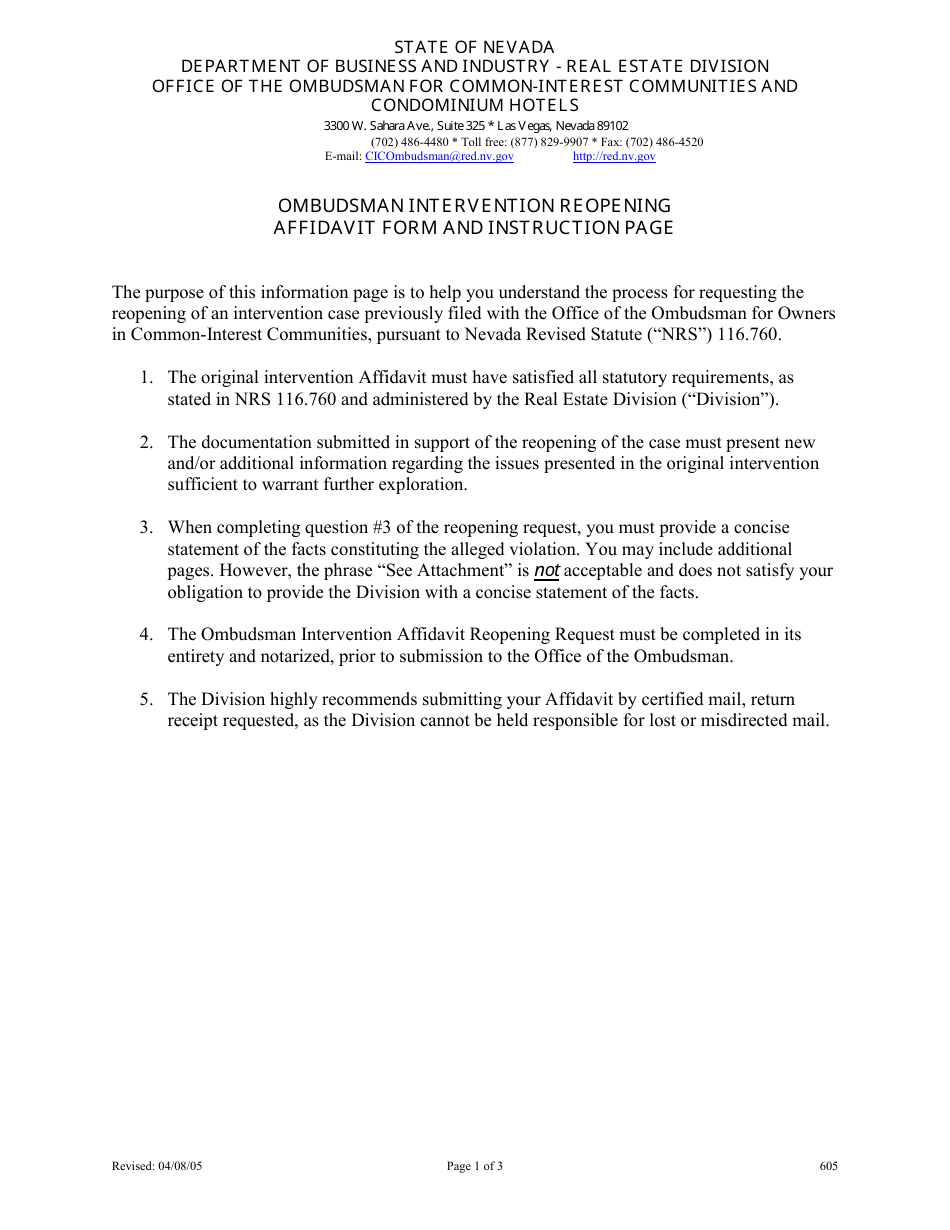 Form 605 Ombudsman Intervention Affidavit Reopening Request - Nevada, Page 1