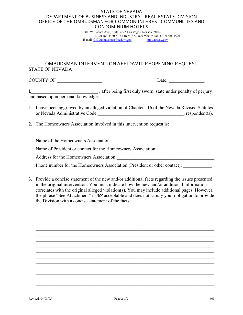 Form 605 Ombudsman Intervention Affidavit Reopening Request - Nevada, Page 2