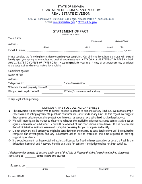 Form 514 Statement of Fact Against Real Estate Licensees, Appraisers, Inspectors, Energy Auditors, Asset Managers, Timeshare Agents, Timeshare Representatives, and Property Managers - Nevada
