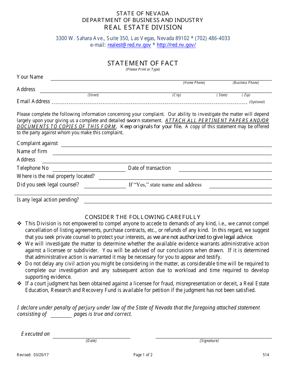 Form 514 Statement of Fact Against Real Estate Licensees, Appraisers, Inspectors, Energy Auditors, Asset Managers, Timeshare Agents, Timeshare Representatives, and Property Managers - Nevada, Page 1