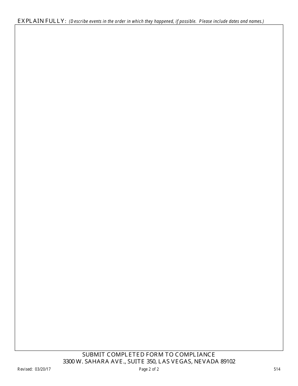 Form 514 Statement of Fact Against Real Estate Licensees, Appraisers, Inspectors, Energy Auditors, Asset Managers, Timeshare Agents, Timeshare Representatives, and Property Managers - Nevada, Page 2