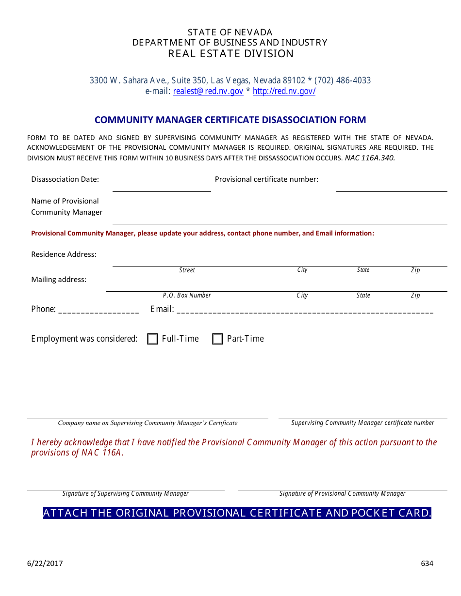 Form 634 Community Manager Certificate Disassociation Form - Nevada, Page 1