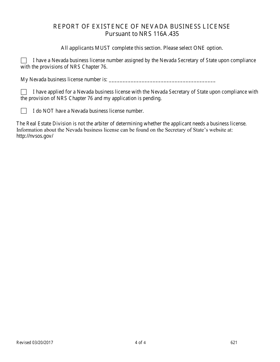 Form 621 Community Manager Application for Reinstatement - Nevada, Page 4