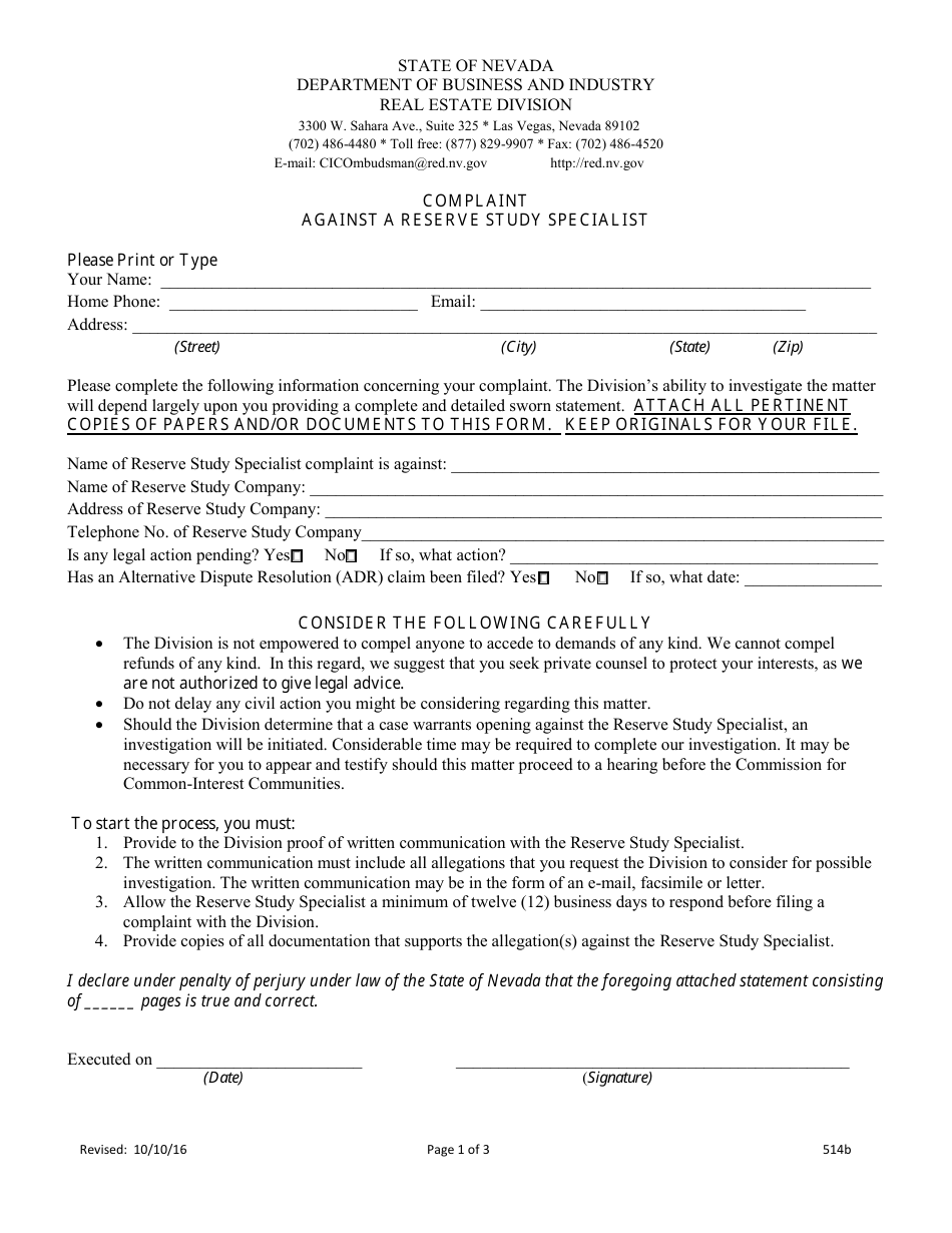 Form 514B Complaint Against a Reserve Study Specialist - Nevada, Page 1