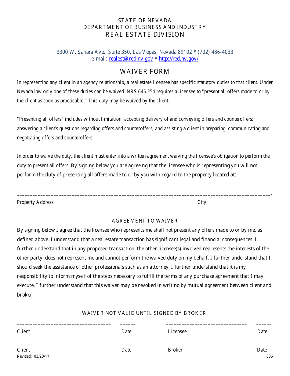 Form 636 Waiver Form - Nevada, Page 1