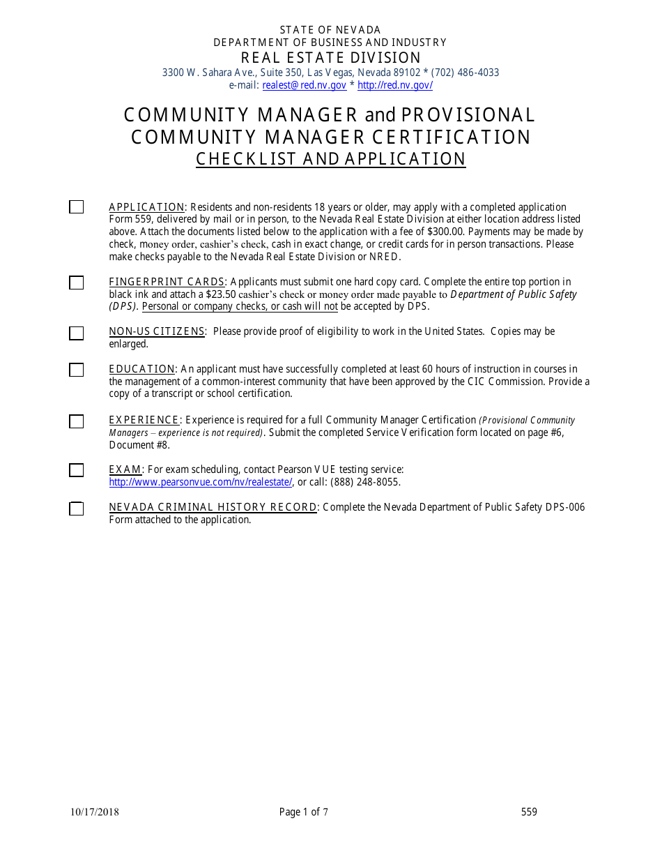 Form 559 Community Manager Application - Nevada, Page 1