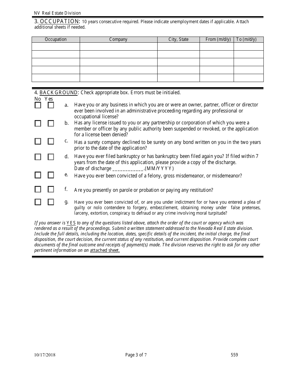 Form 559 Community Manager Application - Nevada, Page 3