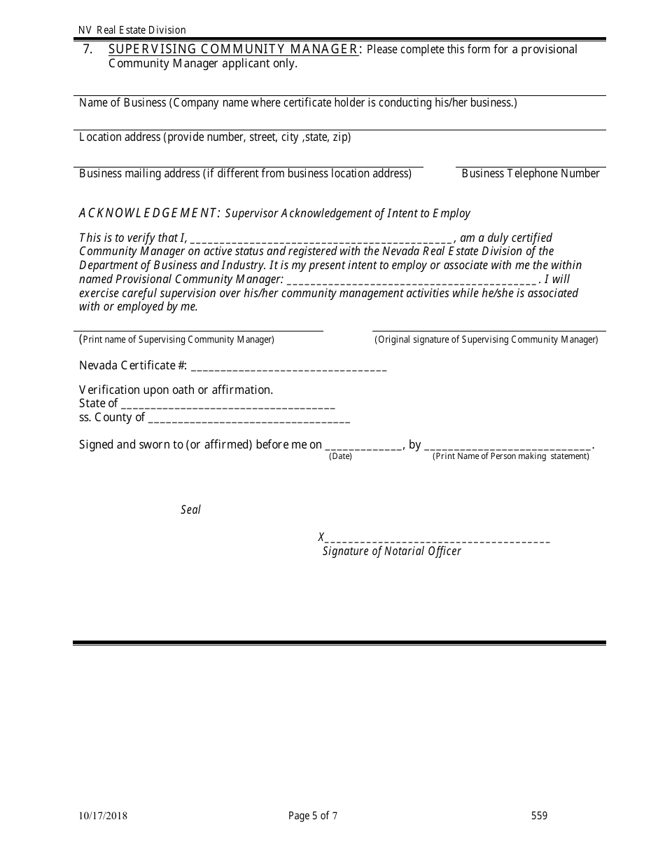 Form 559 Community Manager Application - Nevada, Page 5
