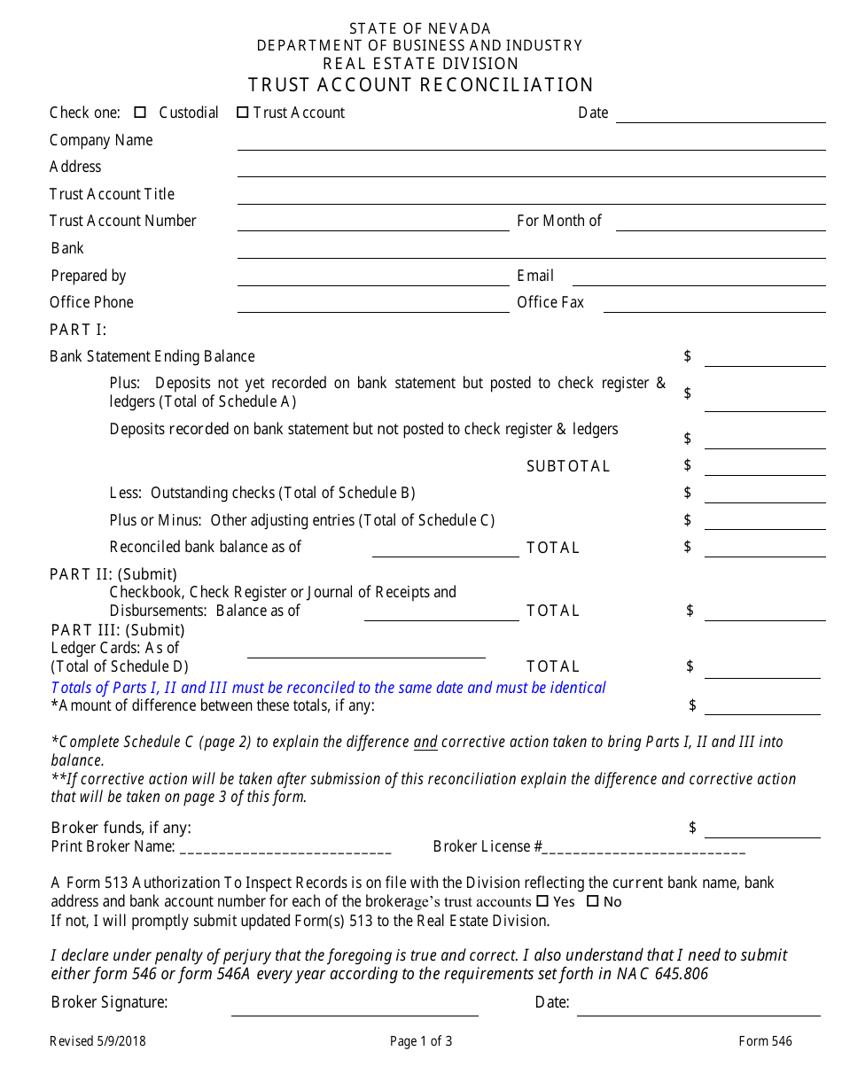 Form 546 Trust Account Reconciliation - Nevada, Page 1