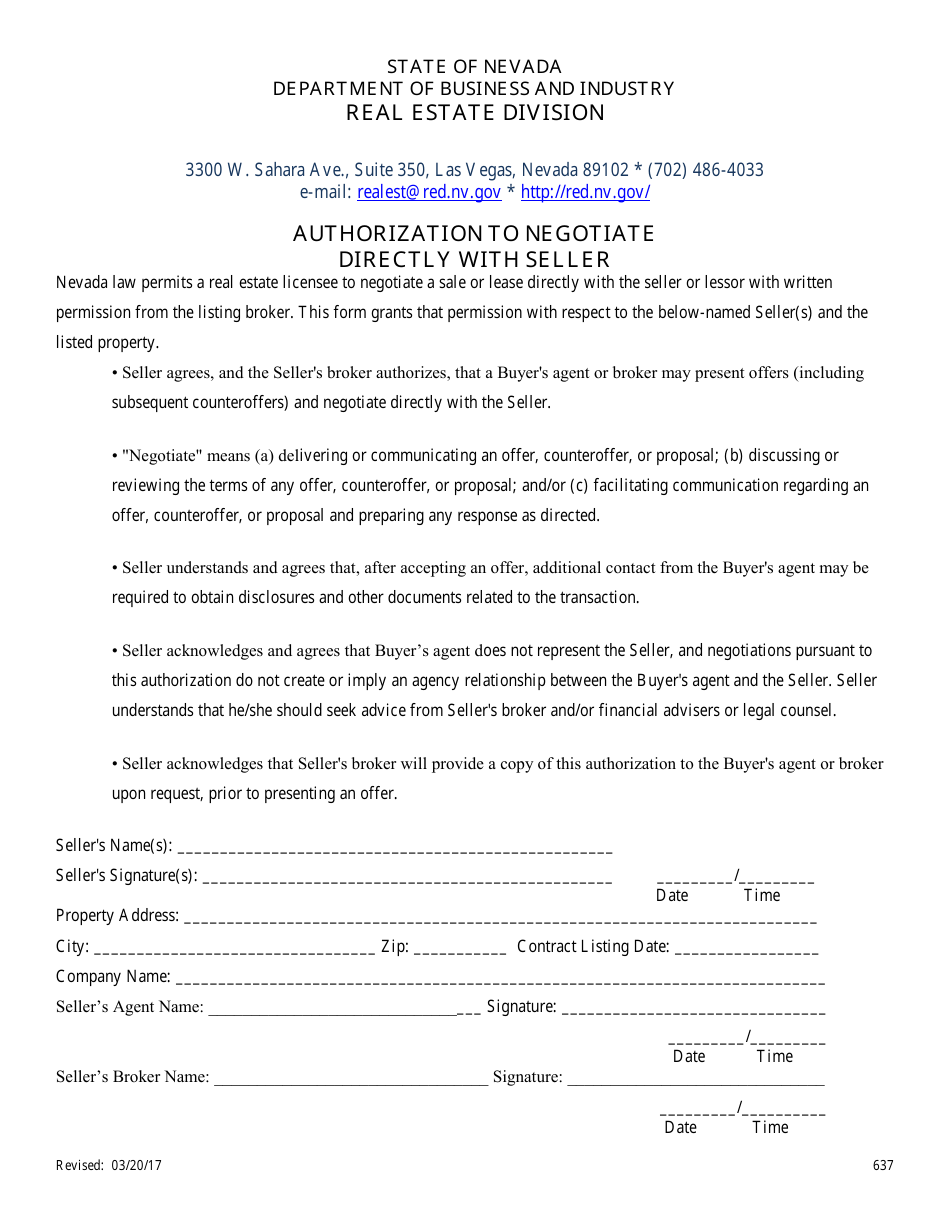 Form 637 Authorization to Negotiate Directly With Seller - Nevada, Page 1