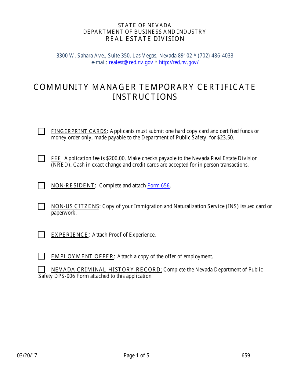 Form 659 Community Manager Temporary Certificate - Nevada, Page 1