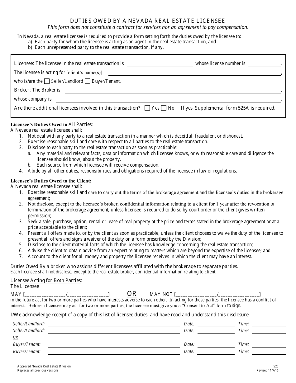 Form 525 Duties Owed by a Nevada Real Estate Licensee - Nevada, Page 1