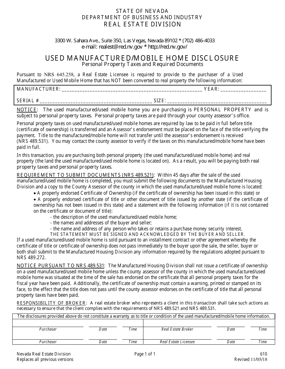 Form 610 Used Manufactured / Mobile Home Disclosure - Nevada, Page 1