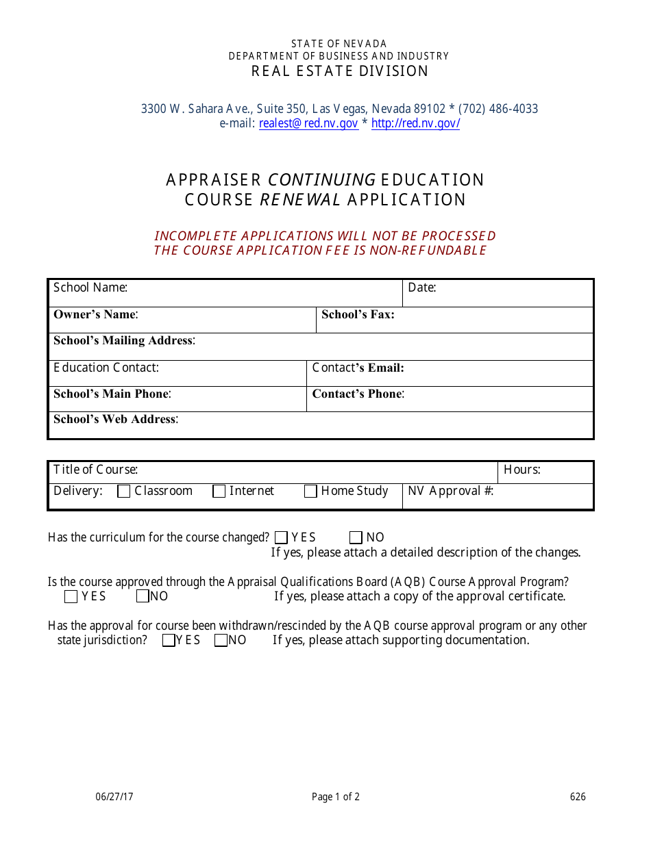 Form 626 Appraiser Continuing Education Course Renewal Application - Nevada, Page 1