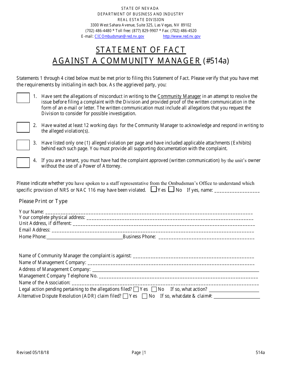 Form 514A Statement of Fact Against Community Managers - Nevada, Page 1