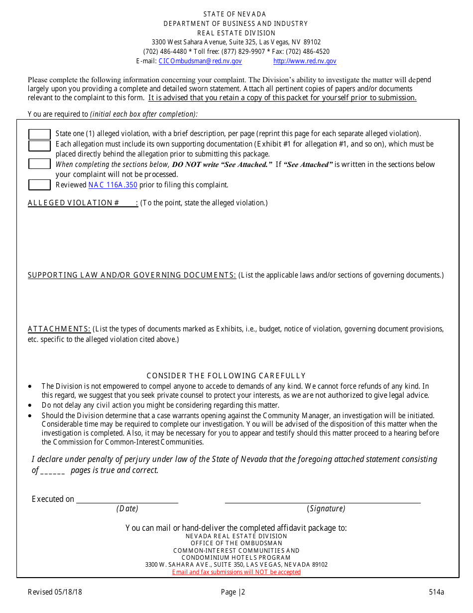 Form 514A Statement of Fact Against Community Managers - Nevada, Page 2
