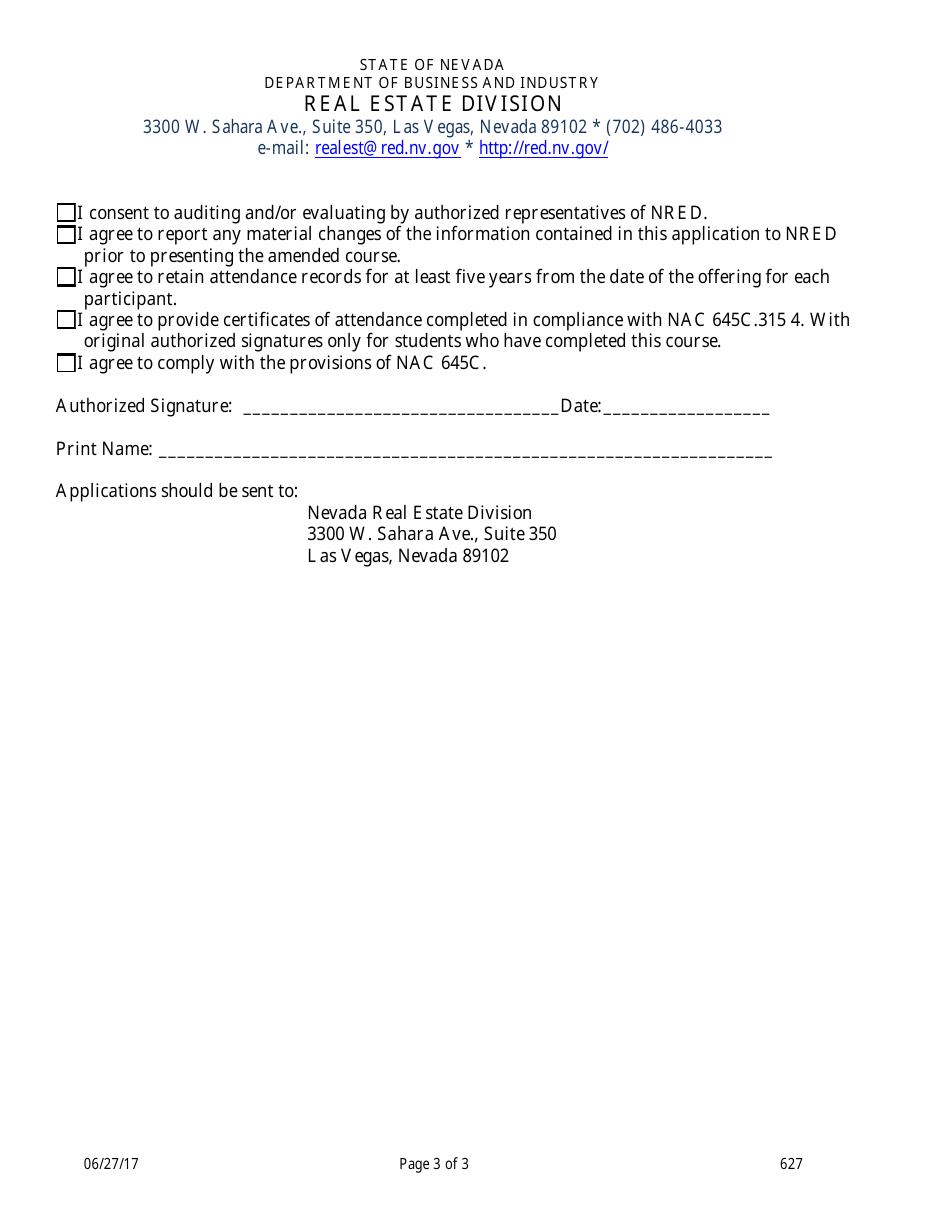 Form 627 Appraisal Pre-licensing Education Course Renewal Application: in-State Providers - Nevada, Page 3