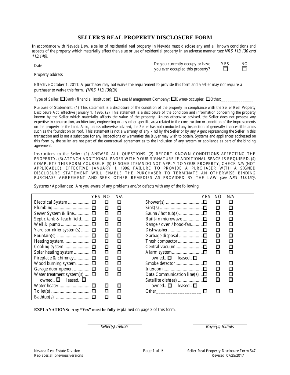 Form 547 Sellers Real Property Disclosure Form - Nevada, Page 1