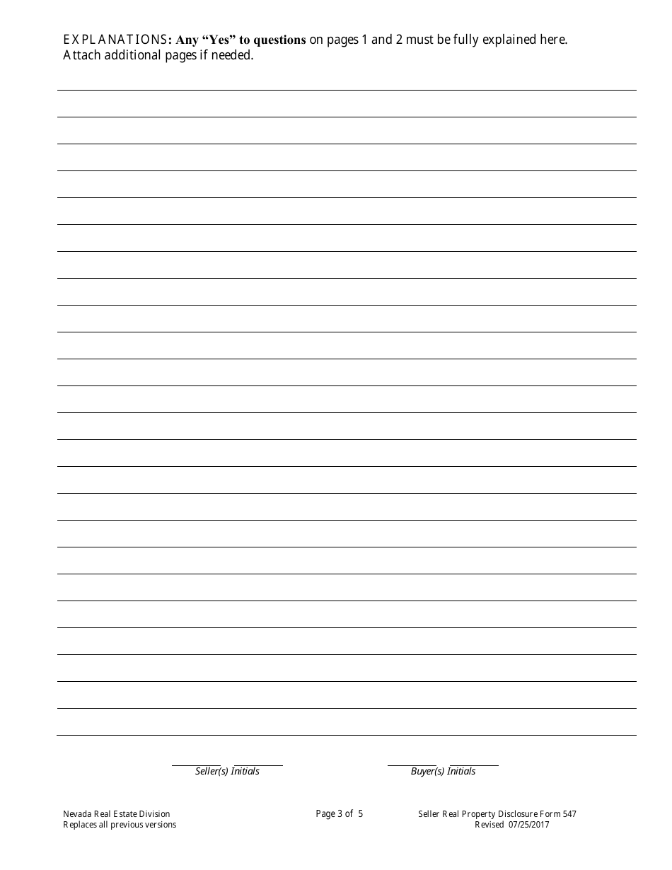 Form 547 Sellers Real Property Disclosure Form - Nevada, Page 3