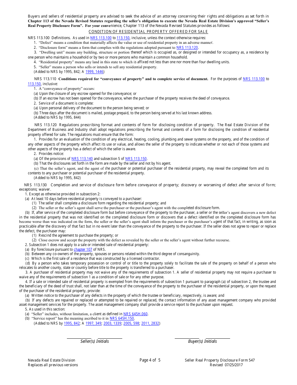 Form 547 Sellers Real Property Disclosure Form - Nevada, Page 4