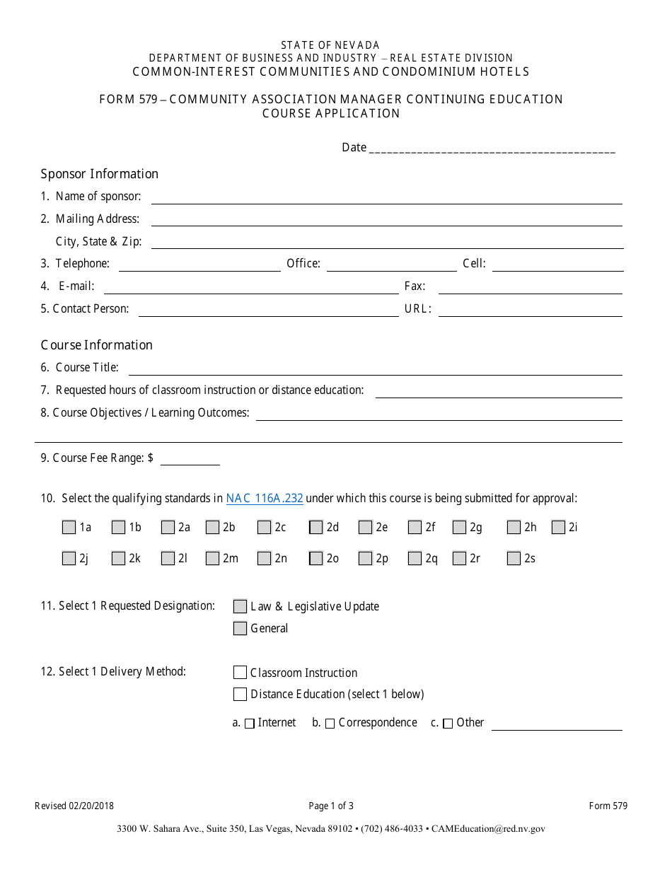 Form 579 Community Association Manager Continuing Education Course Application - Nevada, Page 1