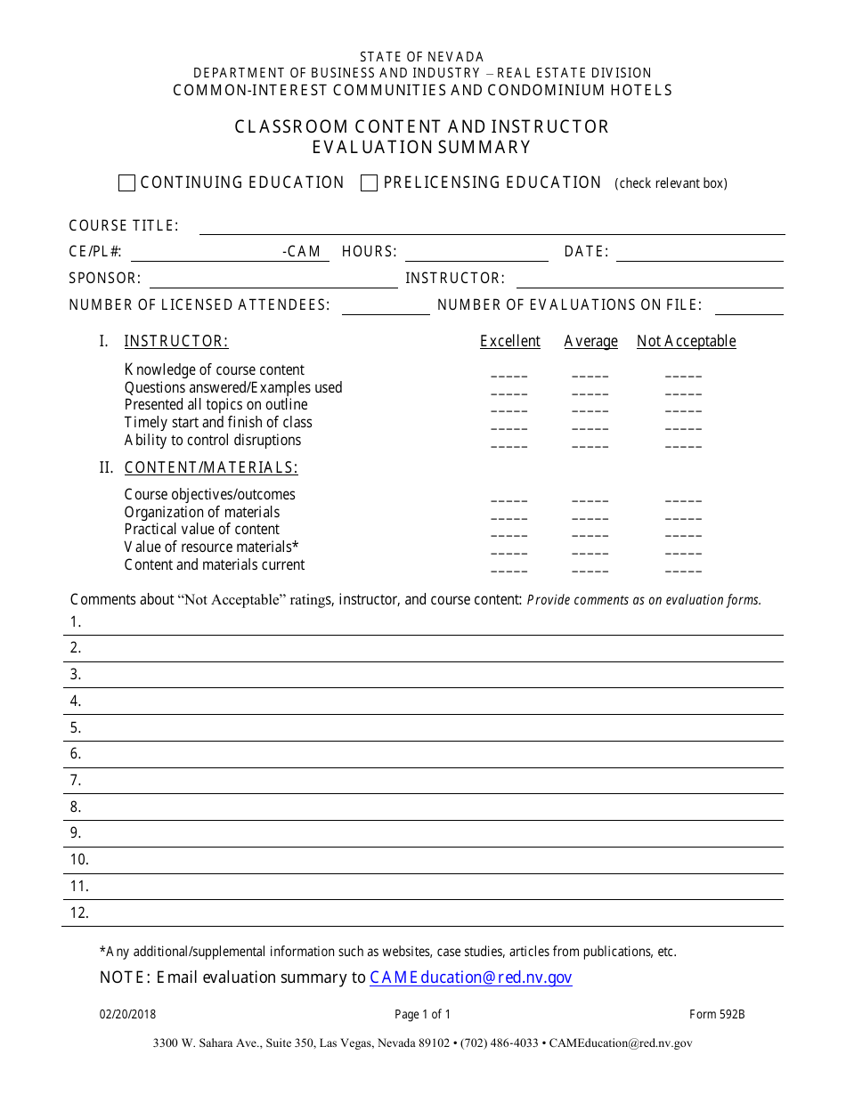 Form 592B Cic Classroom Content and Instructor Evaluation Summary - Nevada, Page 1