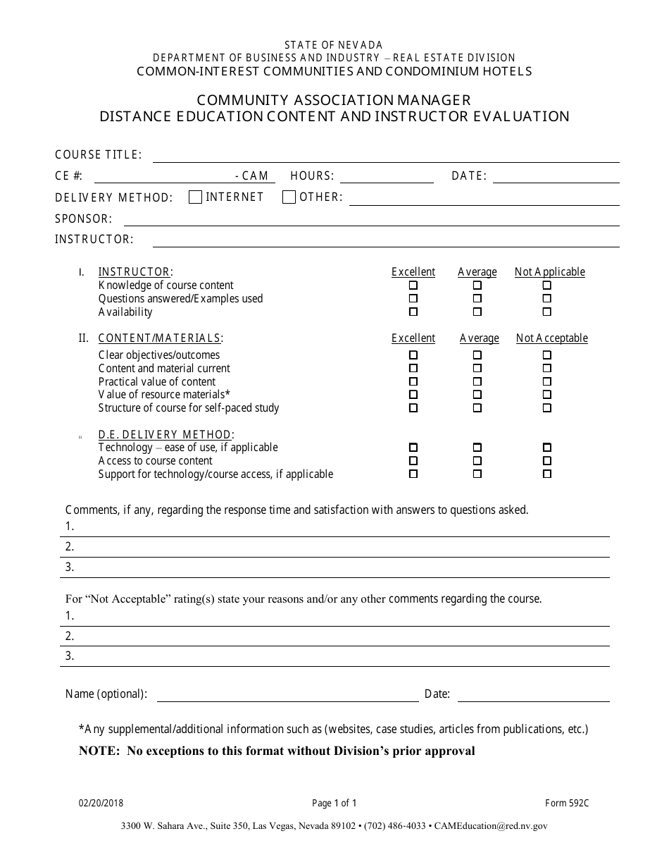 Form 592C Community Association Manager Distance Education Content and Instructor Evaluation - Nevada, Page 1