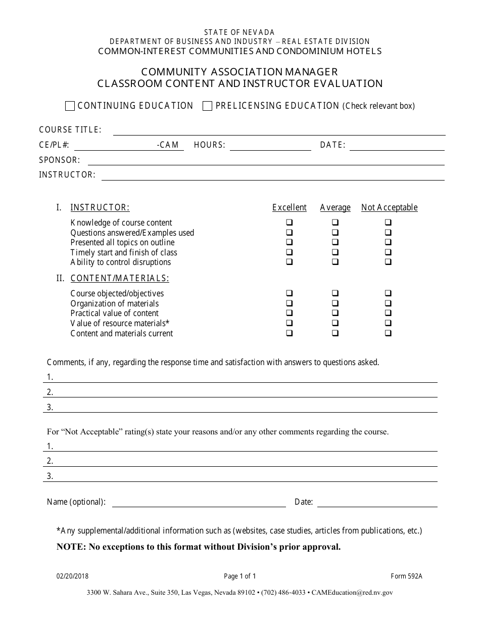 Form 592A Community Association Manager Classroom Content and Instructor Evaluation - Nevada, Page 1