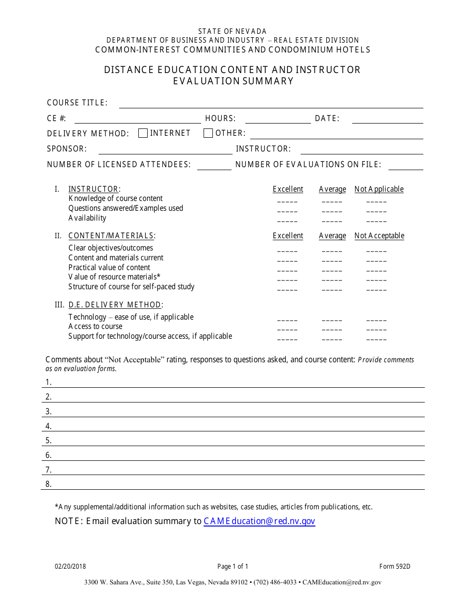 Form 592D Cic Distance Education Content and Instructor Evaluation Summary - Nevada, Page 1