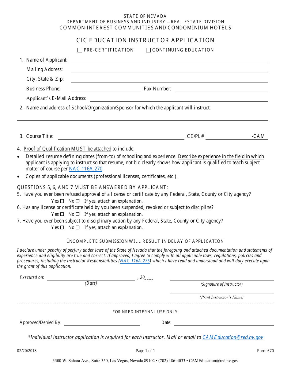 Form 670 Cic Education Instructor Application - Nevada, Page 1