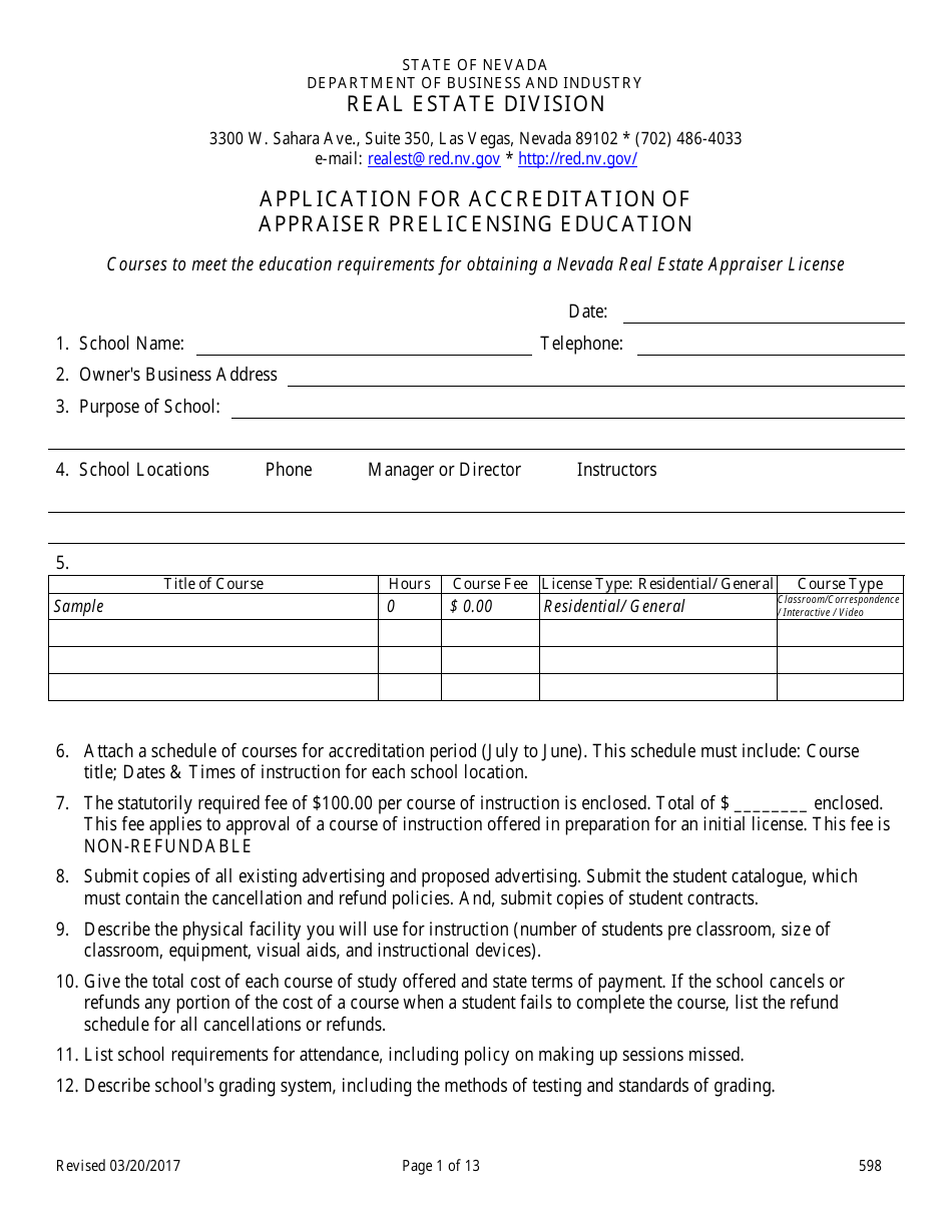 Form 598 Application for Accreditation of Appraiser Prelicensing Education - Nevada, Page 1