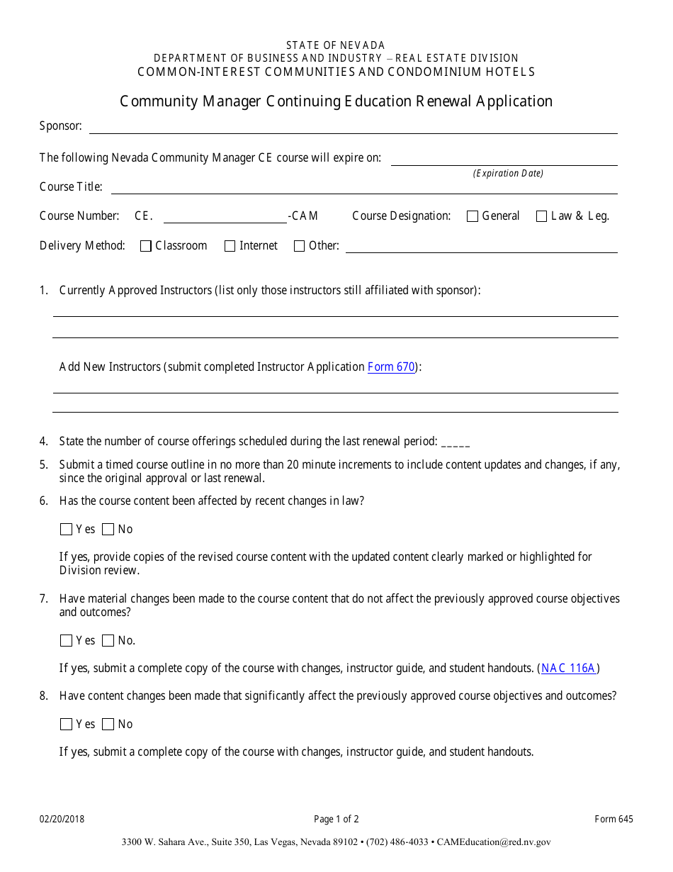 Form 645 Cam Continuing Education Renewal Application - Nevada, Page 1