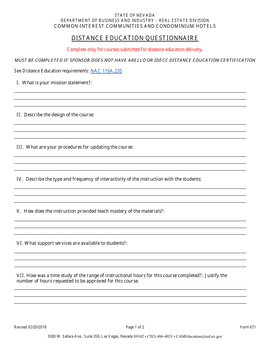 Form 671 Cam Distance Education Questionnaire - Nevada, Page 1