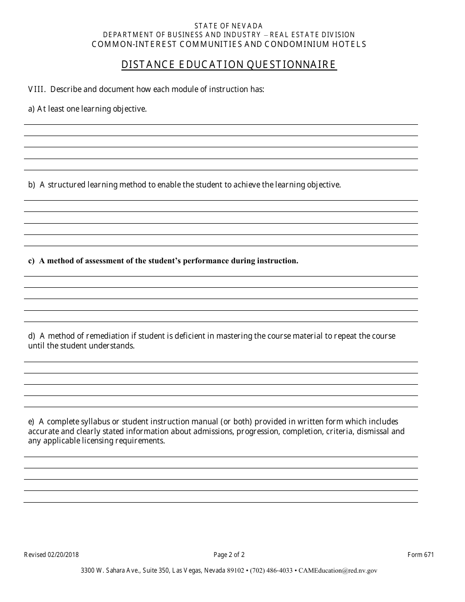 Form 671 Cam Distance Education Questionnaire - Nevada, Page 2