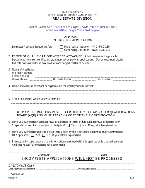 Form 633 Appraiser Instructor Application - Nevada