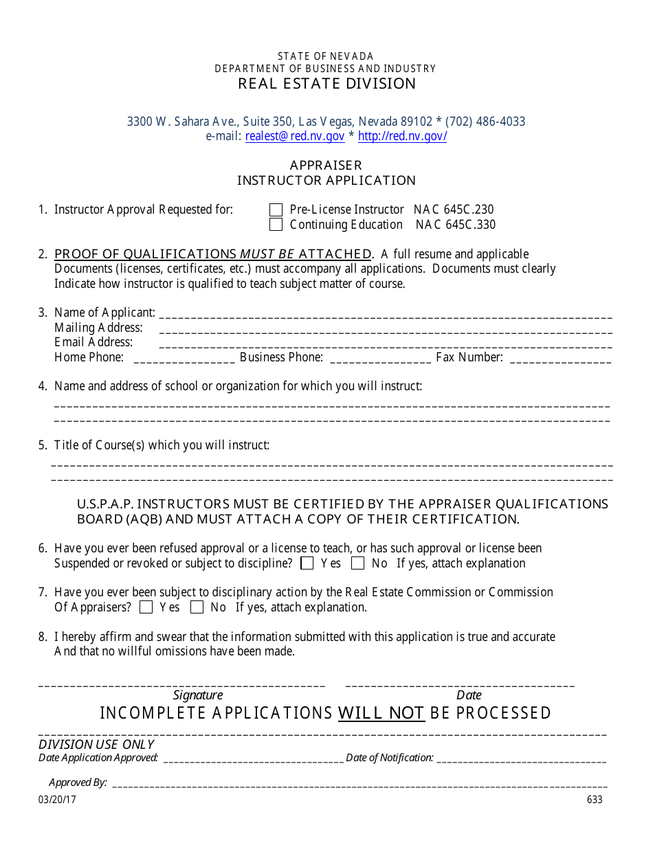 Form 633 Appraiser Instructor Application - Nevada, Page 1