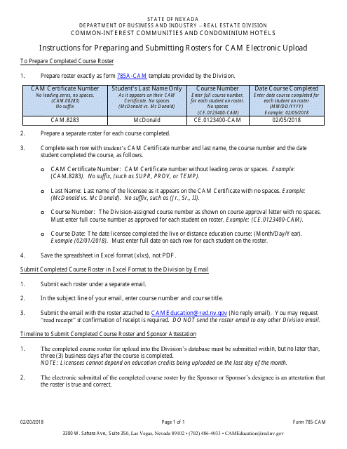 Instructions for Form 785-CAM, 785A-CAM Cam Education Roster Upload - Nevada