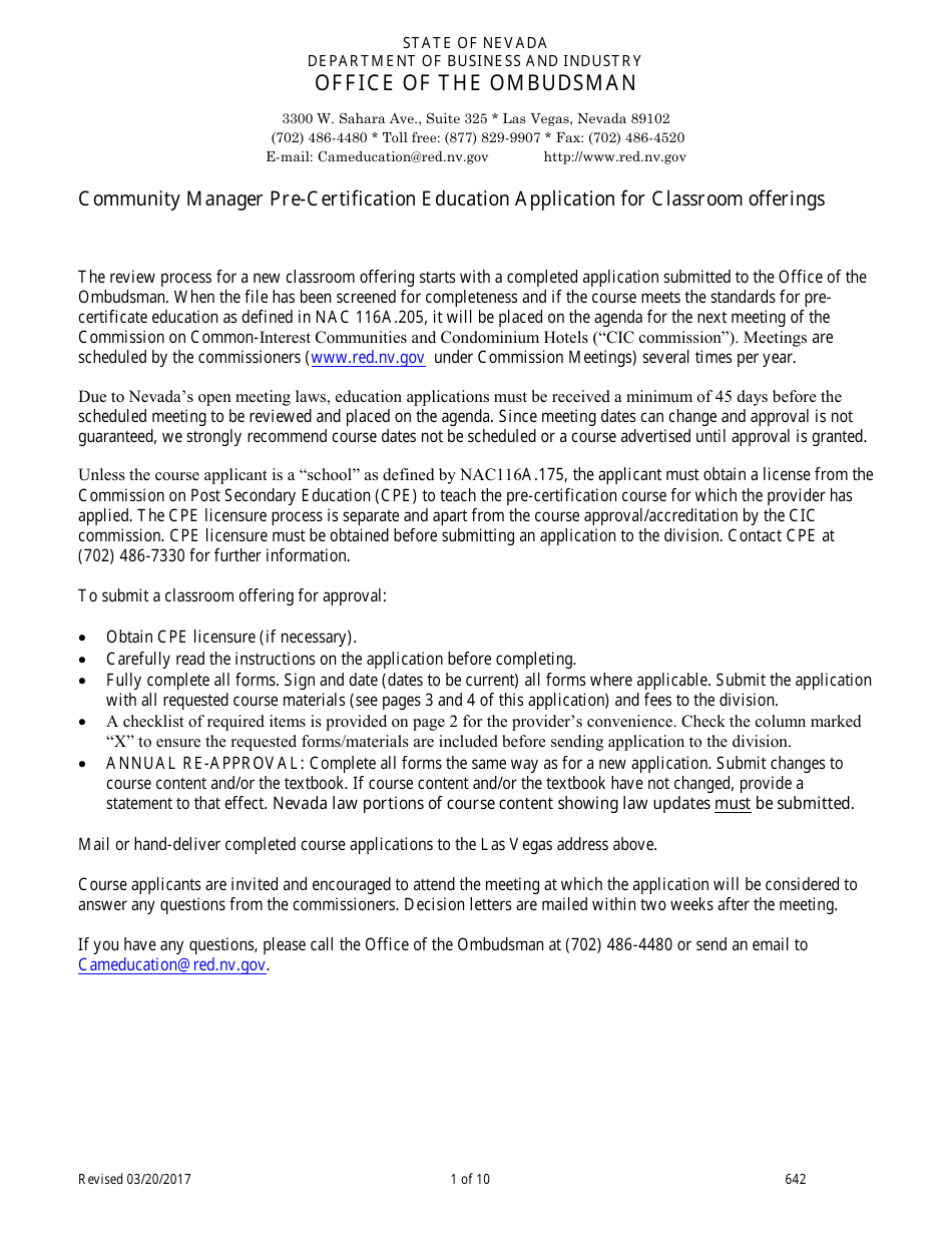 Form 642 Cam Pre-certification Education for Classroom Offerings Application - Nevada, Page 1