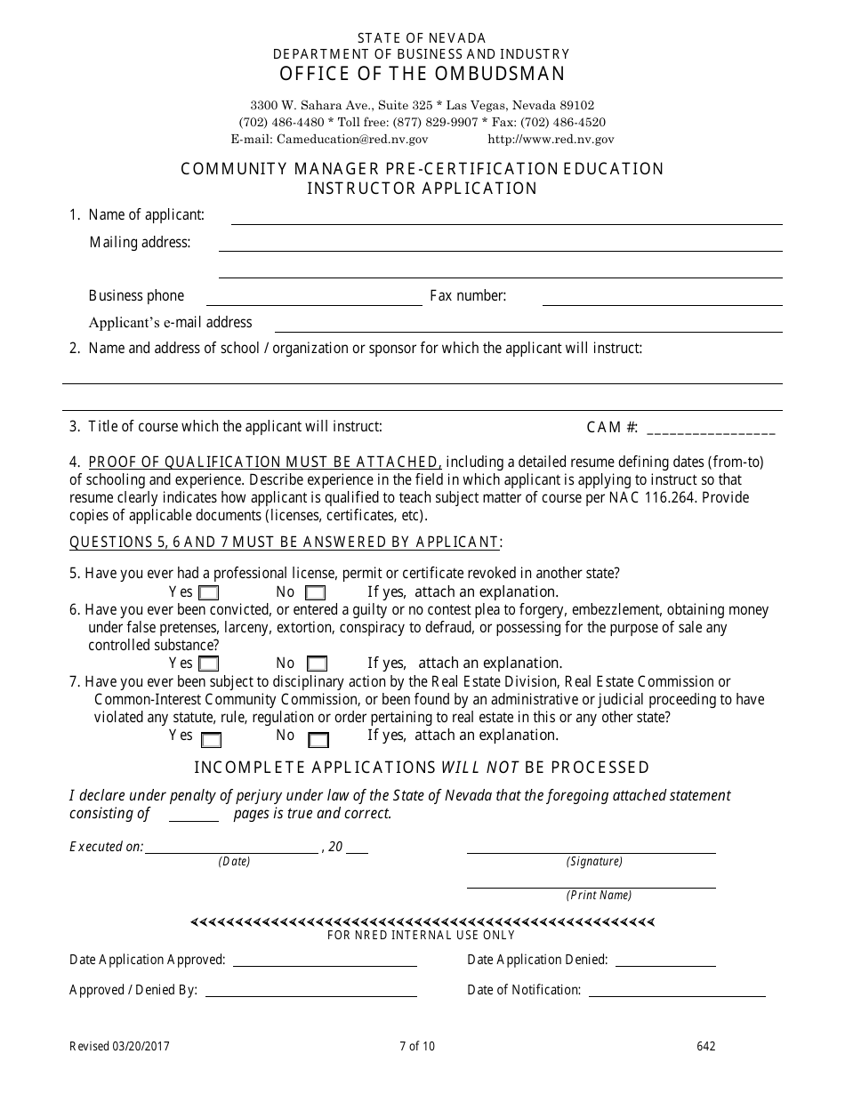 Form 642 Cam Pre-certification Education for Classroom Offerings Application - Nevada, Page 7
