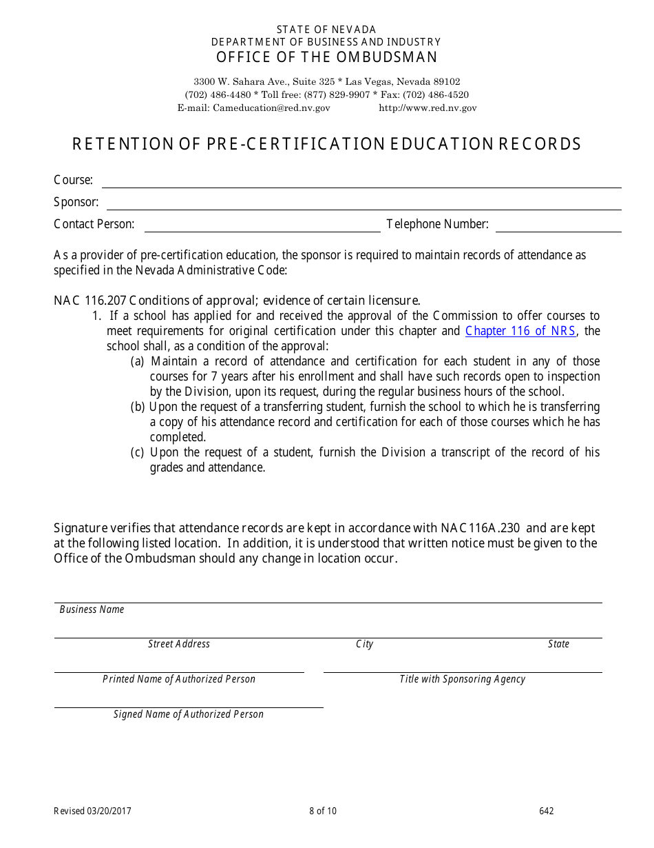 Form 642 Cam Pre-certification Education for Classroom Offerings Application - Nevada, Page 8