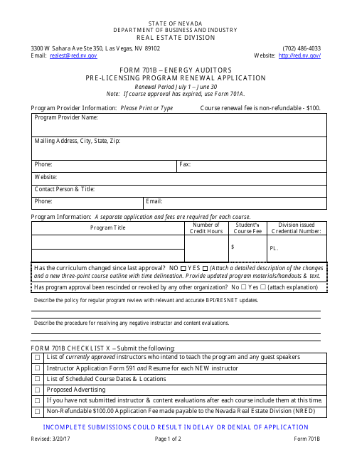 Form 701B Energy Auditors Pre-licensing Program Renewal Application - Nevada