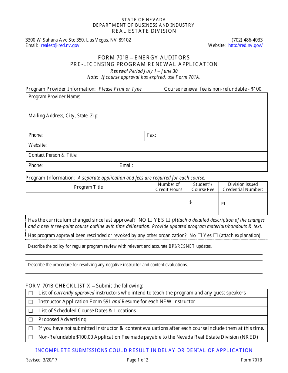 Form 701B Energy Auditors Pre-licensing Program Renewal Application - Nevada, Page 1