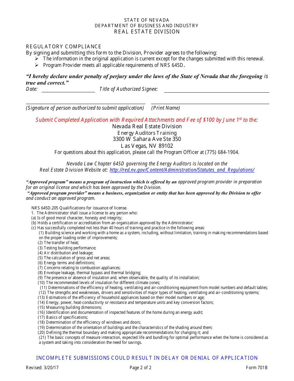 Form 701B Energy Auditors Pre-licensing Program Renewal Application - Nevada, Page 2