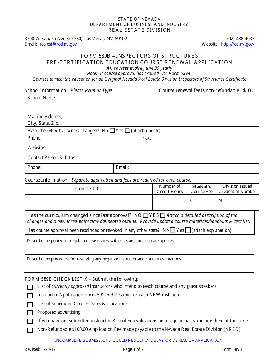 Form 589B Inspectors of Structures Pre-certification Education Course Renewal Application - Nevada, Page 1