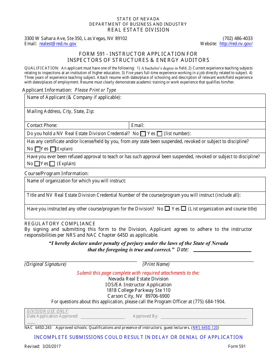 Form 591 Instructor Application for Inspectors of Structures  Energy Auditors - Nevada, Page 1