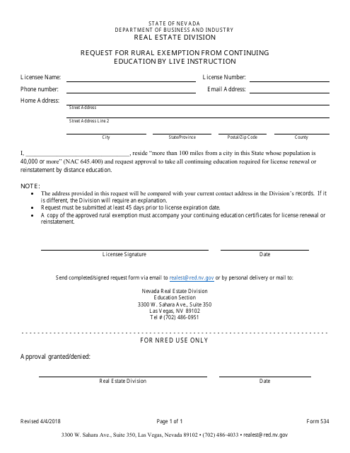 Form 534 Request for Rural Exemption From Continuing Education by Live Instruction - Nevada