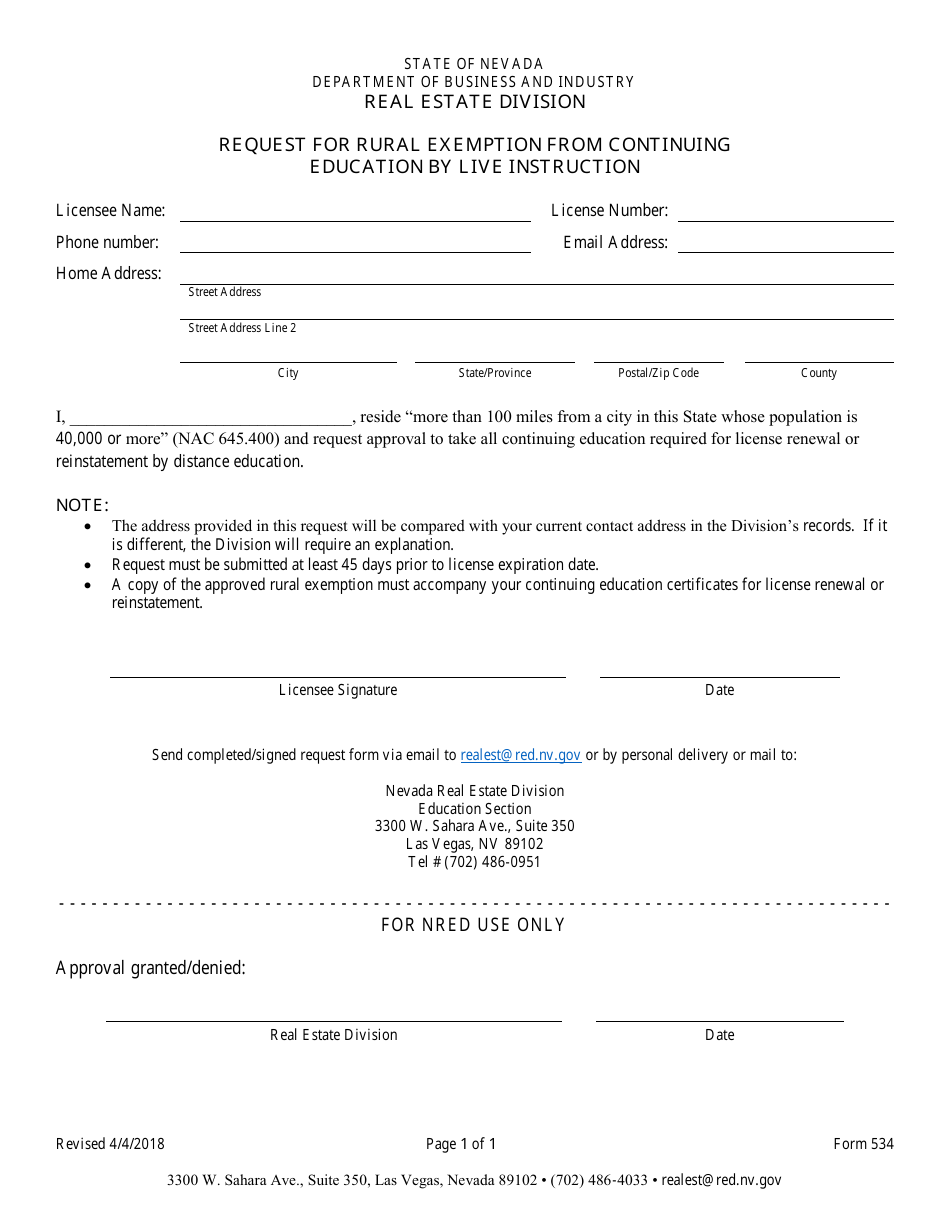 Form 534 Request for Rural Exemption From Continuing Education by Live Instruction - Nevada, Page 1