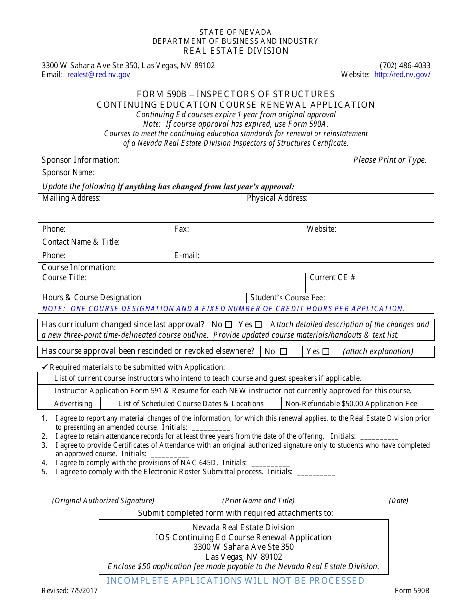 Form 590B Inspectors of Structures Continuing Education Course Renewal Application - Nevada, Page 1